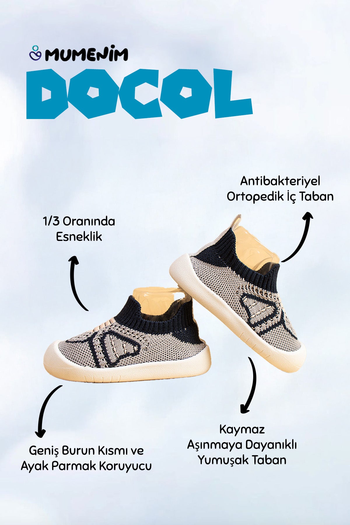 Docol Çocuk Bebek Esnek, Rahat Ortopedik Taban Gri Siyah Günlük Ilk Adım Ayakkabısı Sneaker