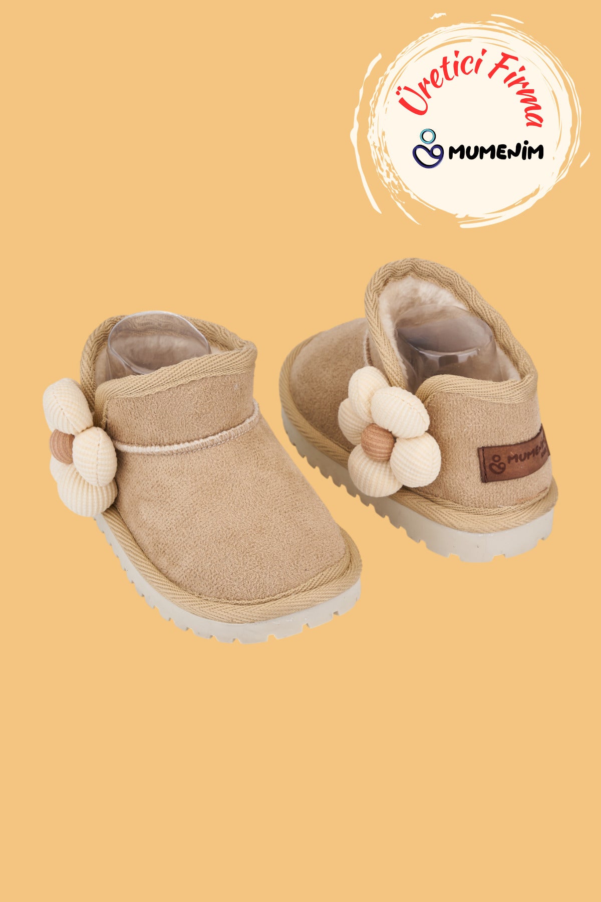 Minto Kız Çocuk ve Bebek Bej Bot - Süet Ortopedik Kaymaz Taban Kışlık Kar Botu Kürklü Çiçek Figürlü