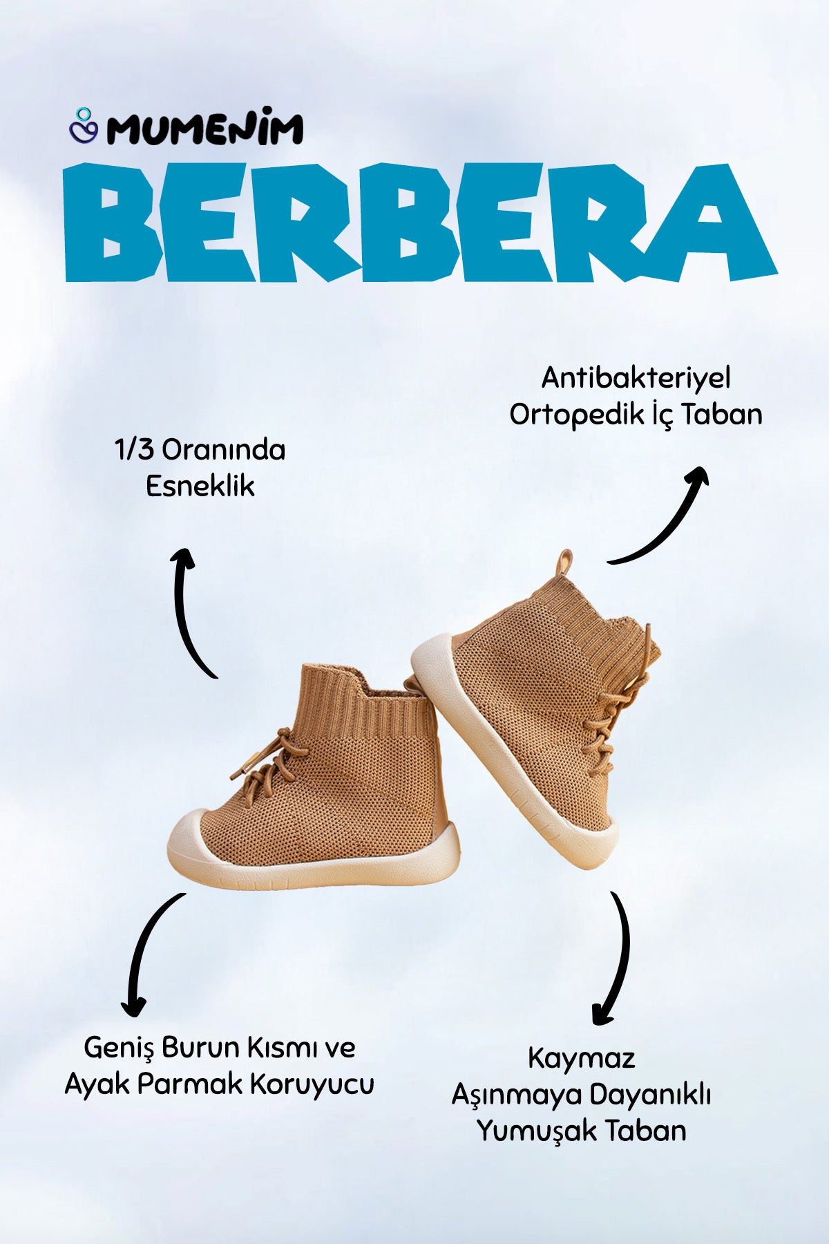 Berbera Unisex Çocuk&bebek Ayak Parmak Koruyucu Kaymaz Ortopedik Taban Kahve Ilk Adım Botu Çocuk Bot