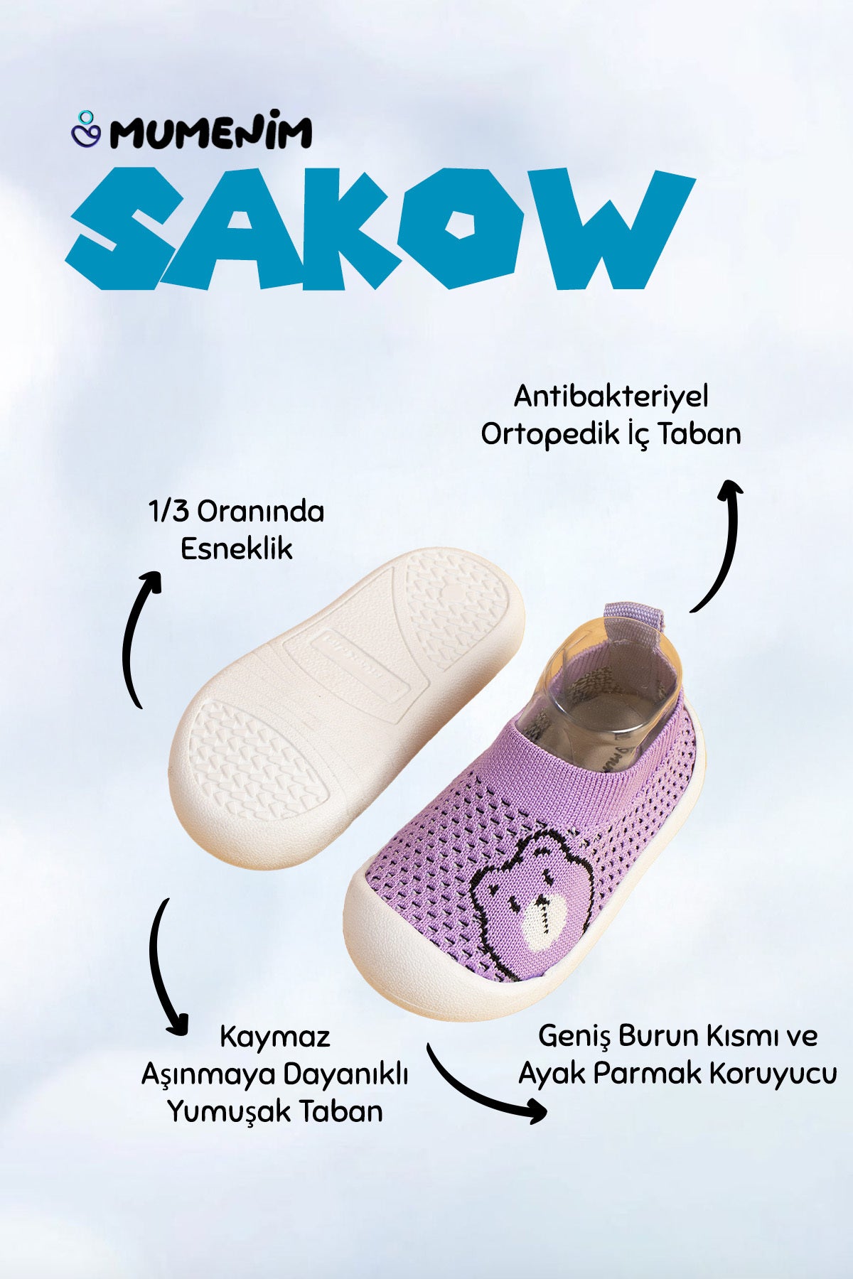 Sakow Çocuk Bebek Ortopedik Taban Hafif Kaymaz Taban Mor ilk Adım Spor Ayakkabı