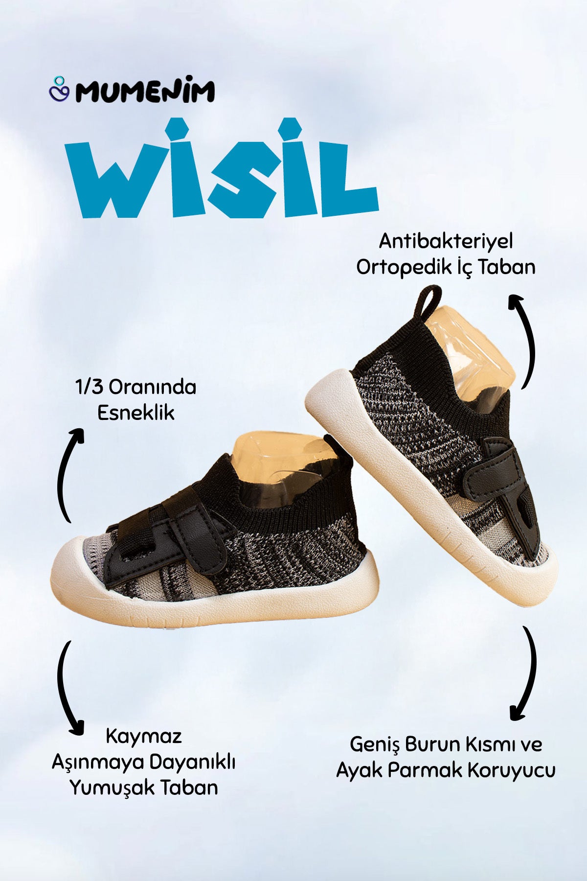 Wisil Unisex Çocuk&Bebek Cırt Cırtlı, Şık, Esnek, Yumuşak Ortopedik Taban Siyah İlk Adım Ayakkabısı