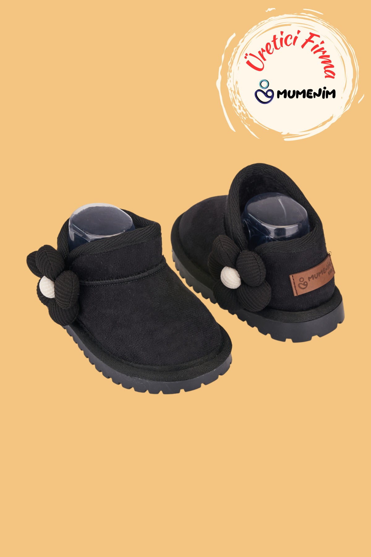 Minto Kız Çocuk ve Bebek Siyah Bot - Süet Ortopedik Kaymaz Taban Kışlık Kar Botu Kürklü Çiçek Figür