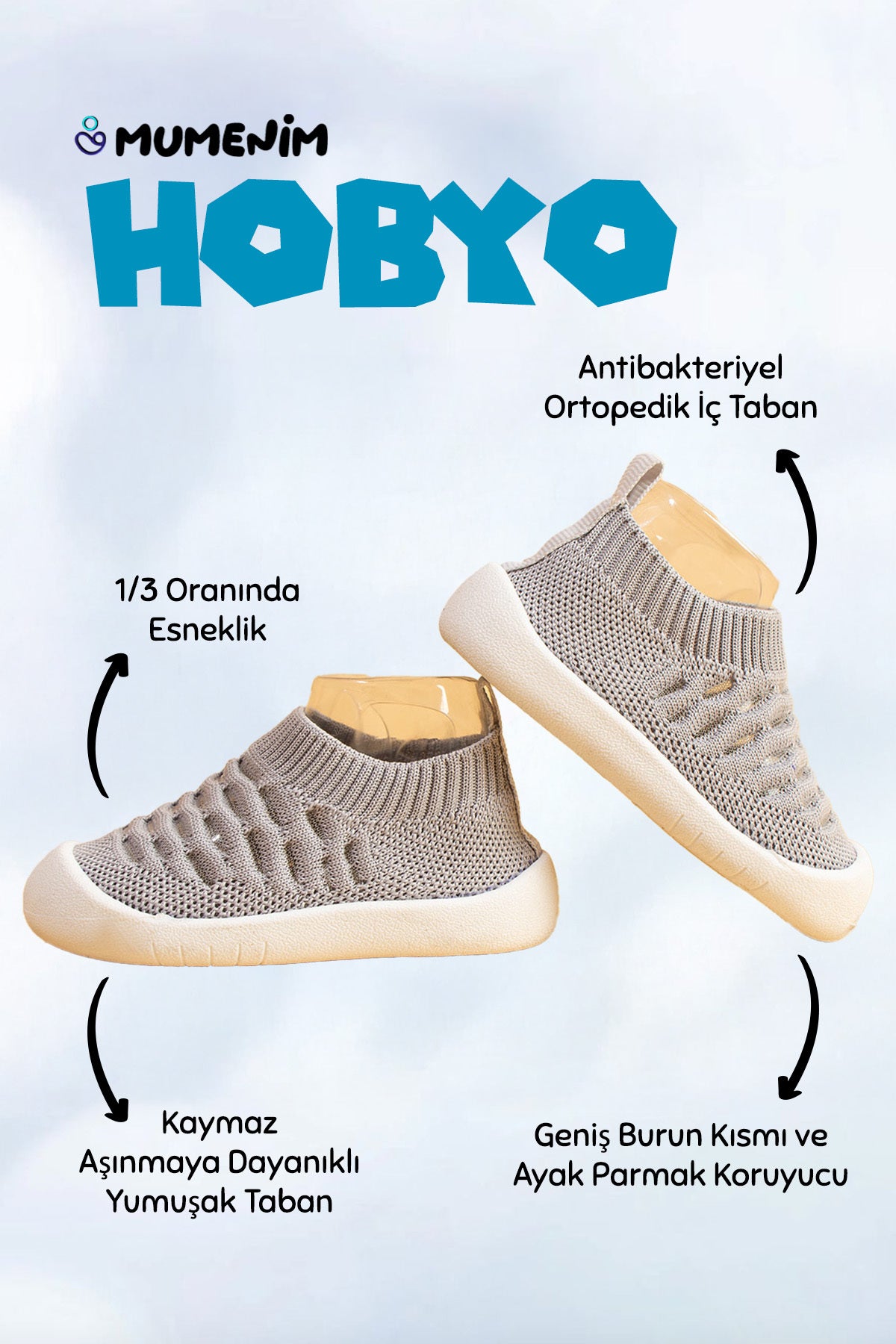 Hobyo Unisex Çocuk&bebek Esnek, Kaymaz Ortopedik Taban Gri Ilk Adım Ayakkabısı