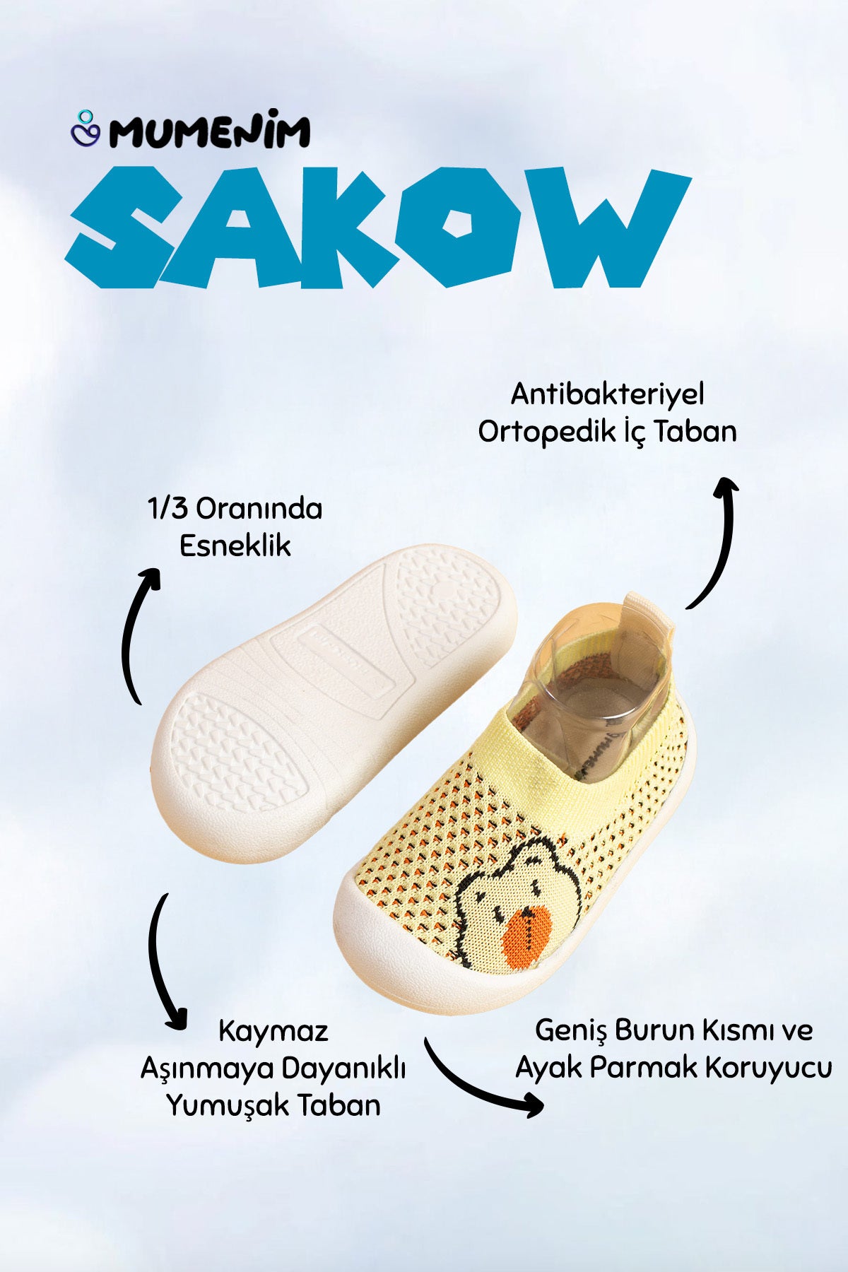 Sakow Çocuk Bebek Ortopedik Esnek, Rahat Hafif Kaymaz Taban Sarı Ilk Adım Spor Ayakkabı