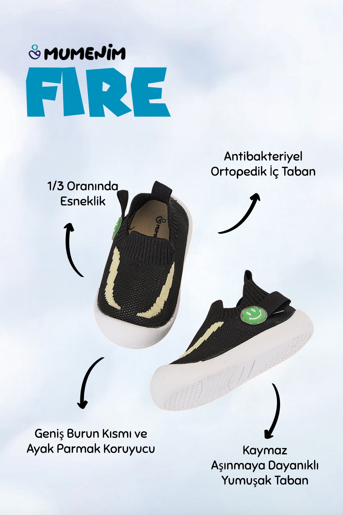Fire Erkek Bebek&Çocuk Esnek Kaymaz Ortopedik Taban Siyah İlk Adım Ayakkabısı/Sneaker