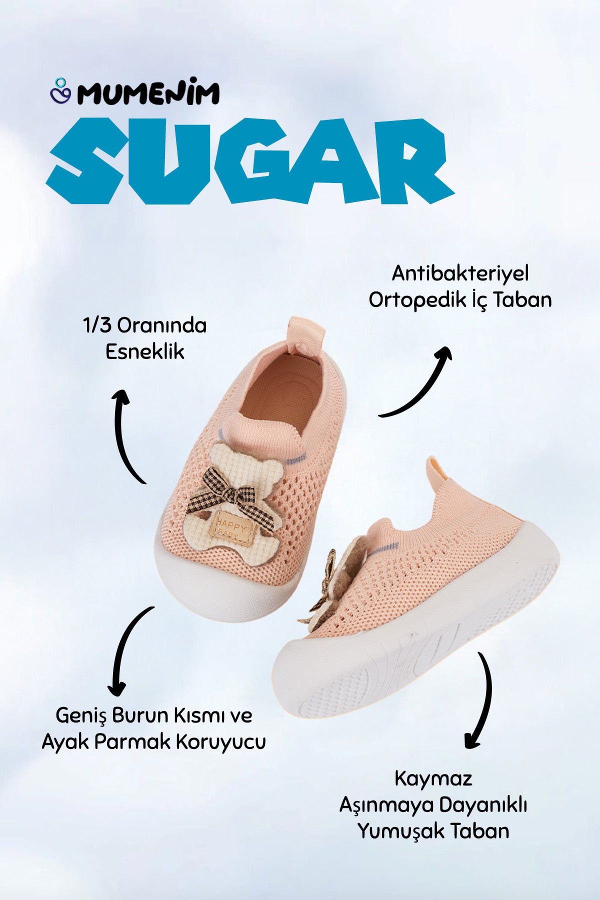 Sugar Bebek Çocuk Ortopedik, Esnek, Yumuşak Taban Bağcıksız Pembe Günlük Ilk Adım Spor Ayakkabı