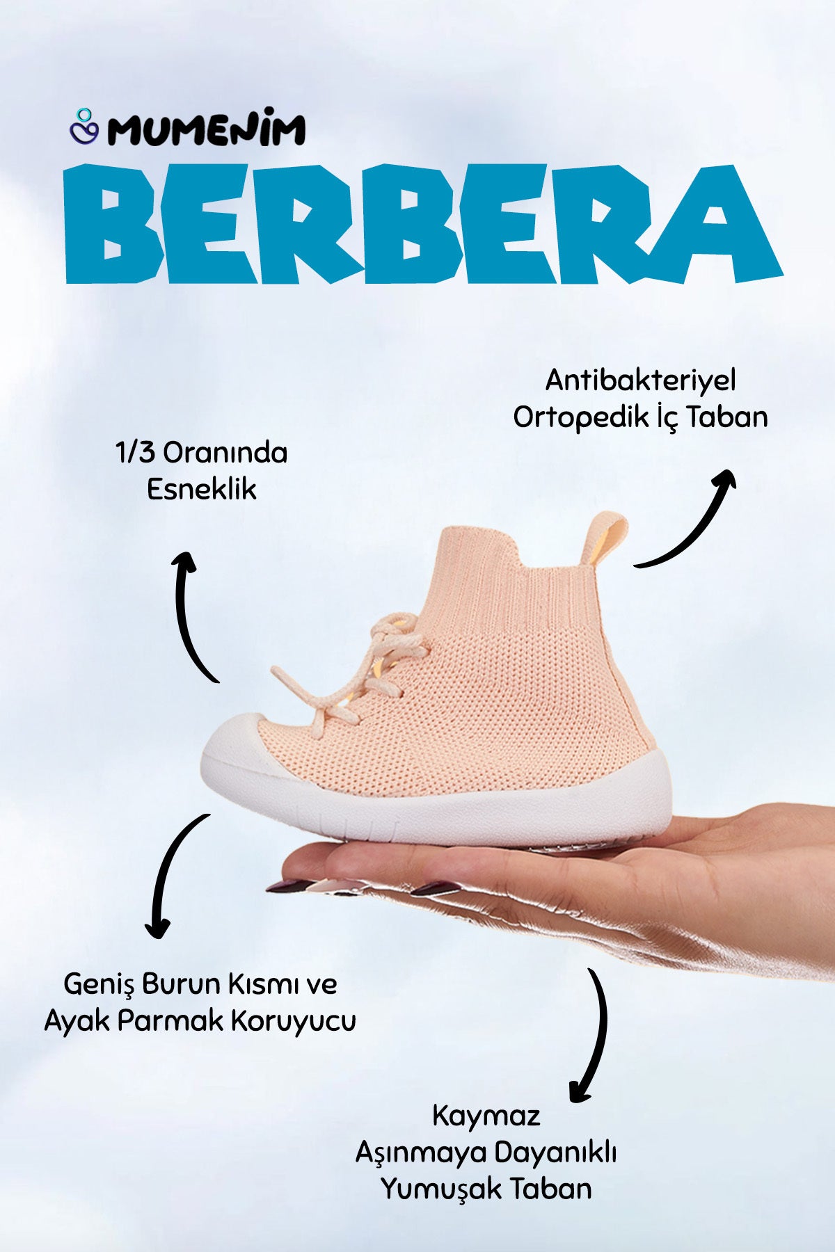 Berbera Kız Bebek&Çocuk Ayak Parmak Koruyucu Kaymaz Ortopedik Taban Pembe İlk Adım Spor Ayakkabı