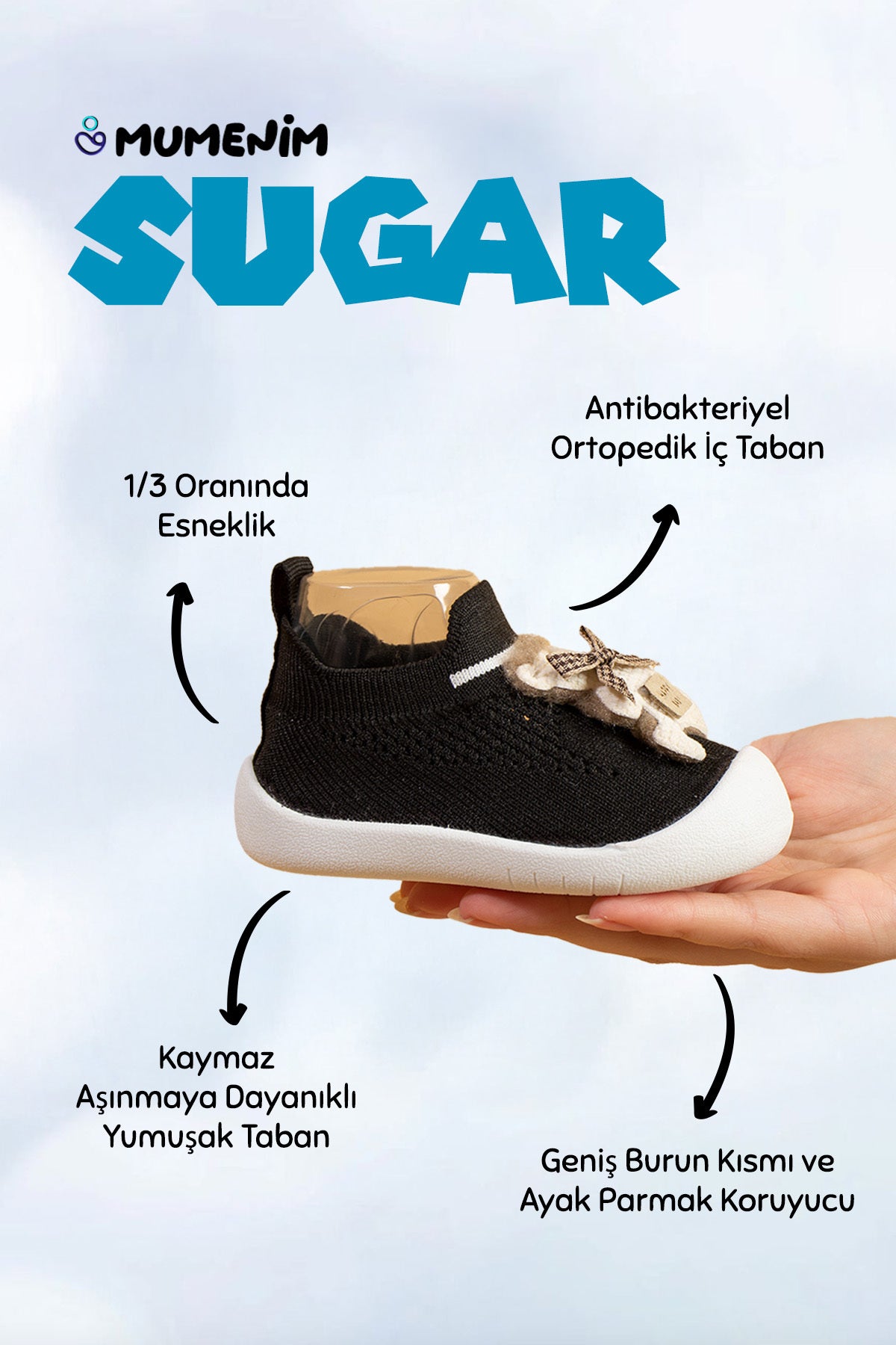 Sugar Erkek Bebek Ayıcık Figürlü Bağcıksız Esnek, Rahat Ortopedik Taban Siyah İlk Adım Ayakkabısı