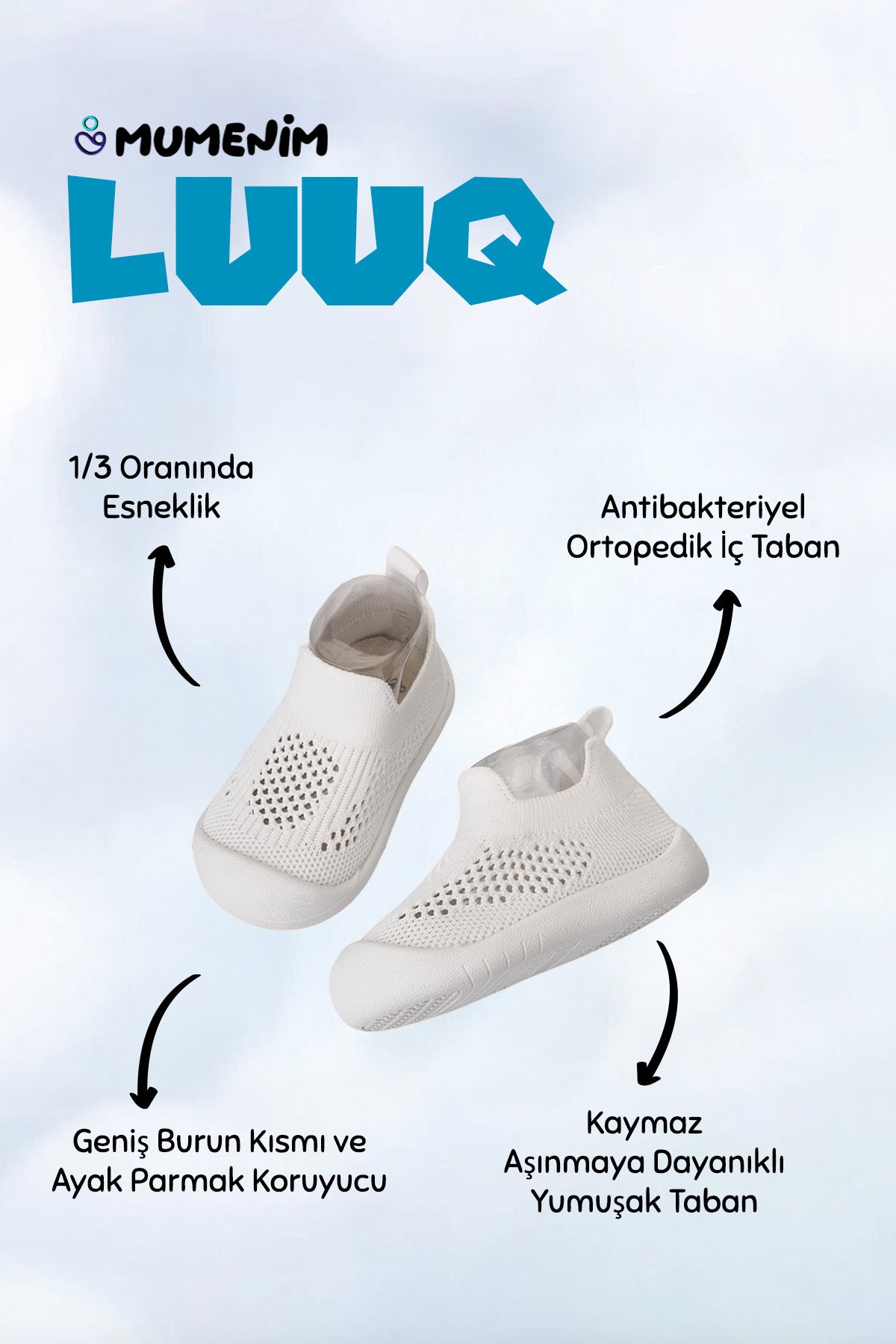 Luuq Ayak Parmak Koruyuculu Ortopedik Yumuşak Taban Çocuk Bebek Beyaz İlk Adım Spor Ayakkabı