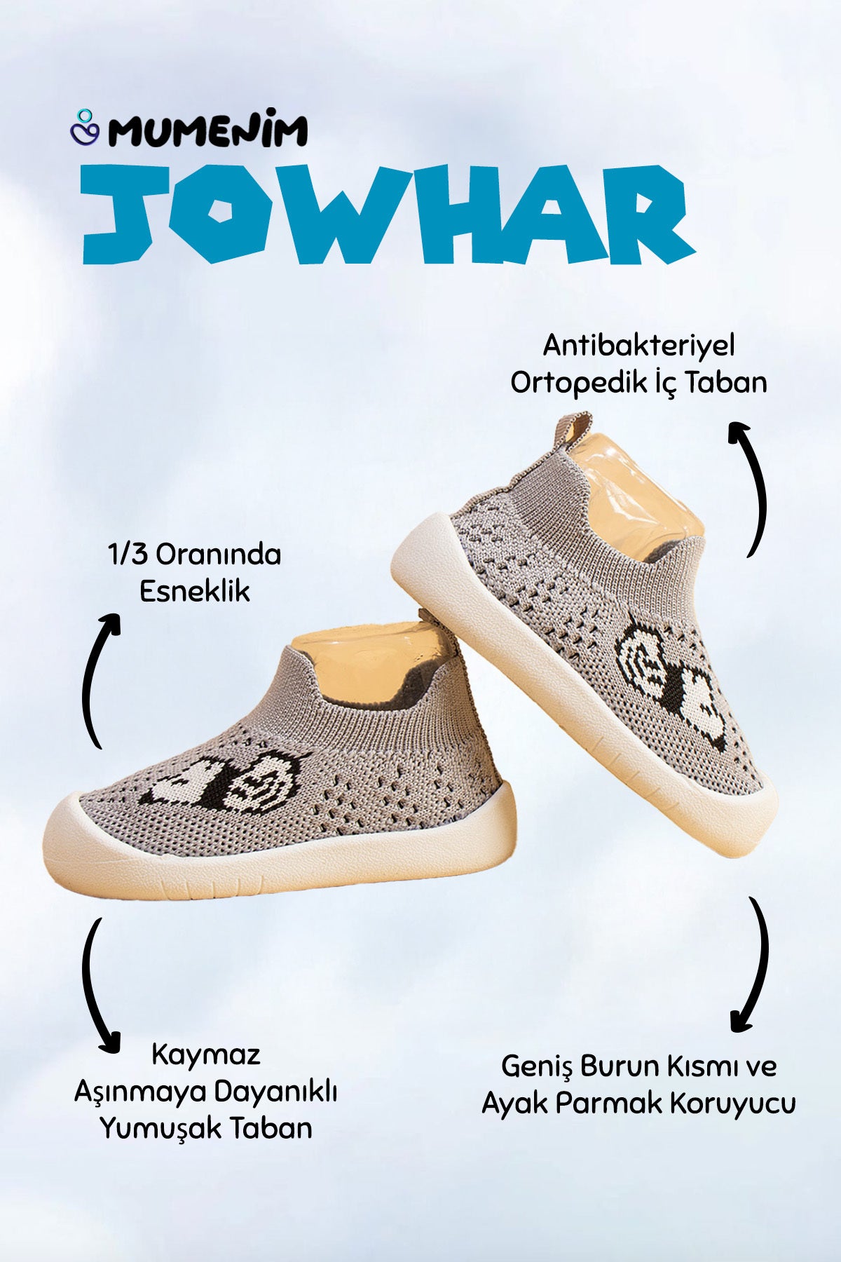 Jowhar Unisex Çocuk&bebek Esnek, Ultra Hafif Yumuşak Kaymaz Ortopedik Taban Gri Ilk Adım Ayakkabısı