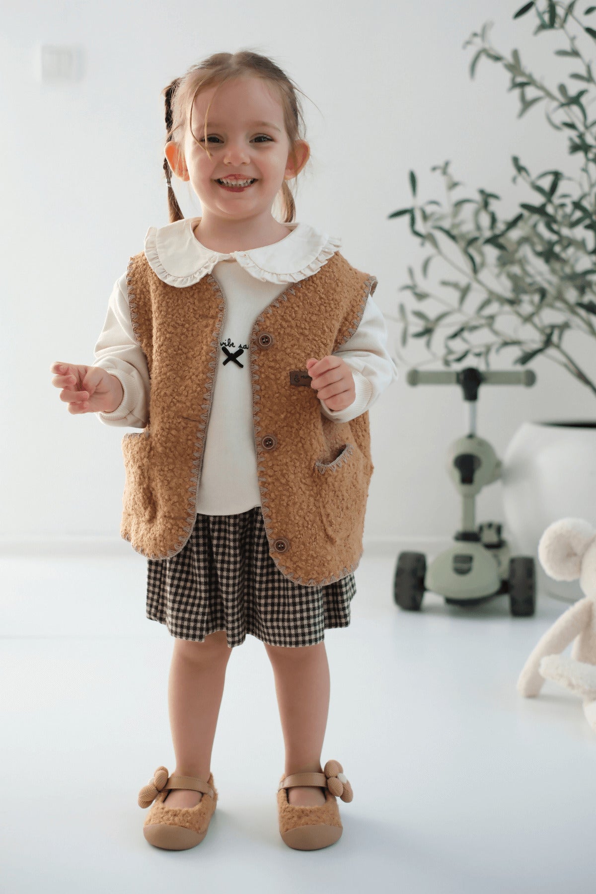 Peluş Dokulu Pamuklu Unisex Bebek Taba Yelek | Sıcak Tutucu, Düğmeli Günlük&Şık Kışlık Çocuk Yelek