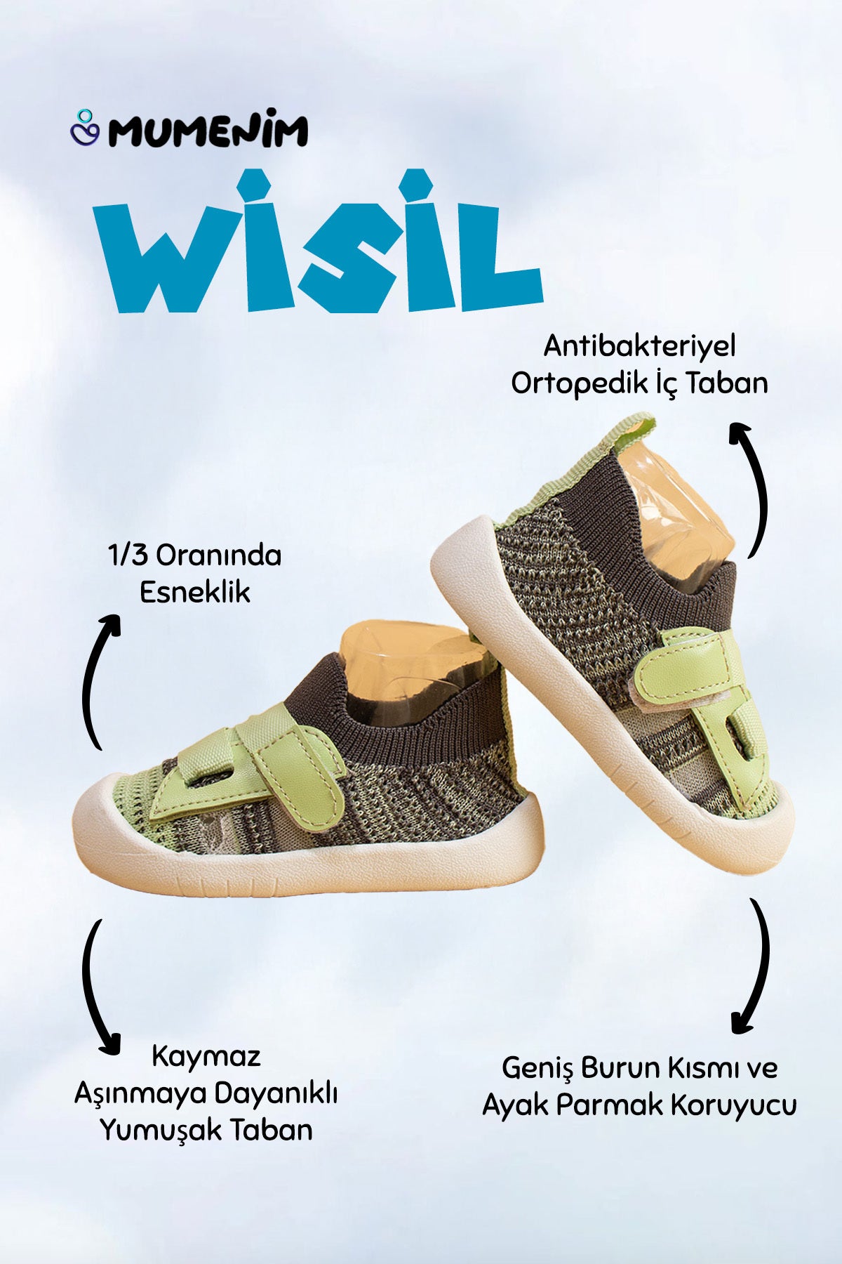 Wisil Çocuk Bebek Cırt Cırtlı Esnek Yumuşak Ortopedik Taban Yeşil İlk Adım Ayakkabısı