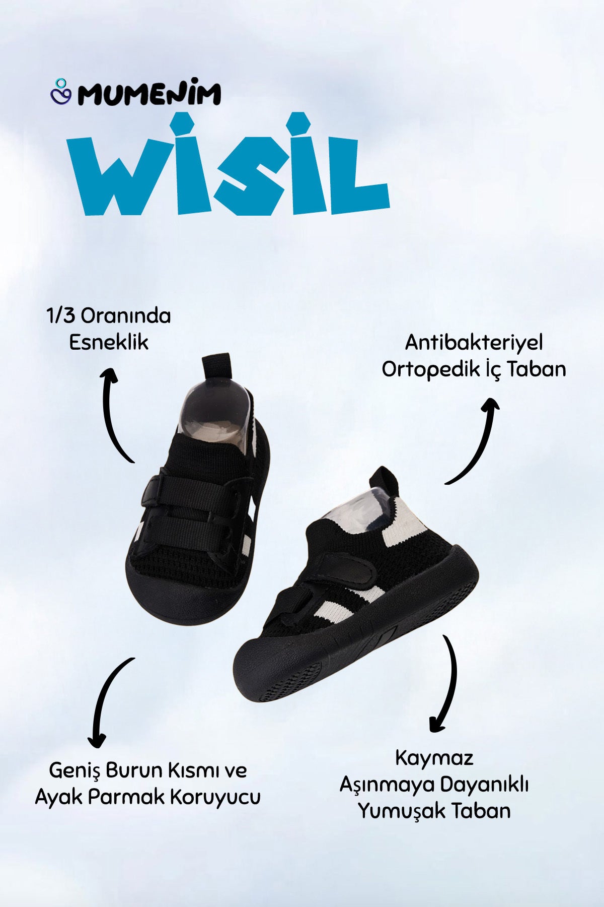 Wisil Bebek Çocuk Esnek Ortopedik Taban Siyah Spor Günlük İlk Adım Ayakkabısı