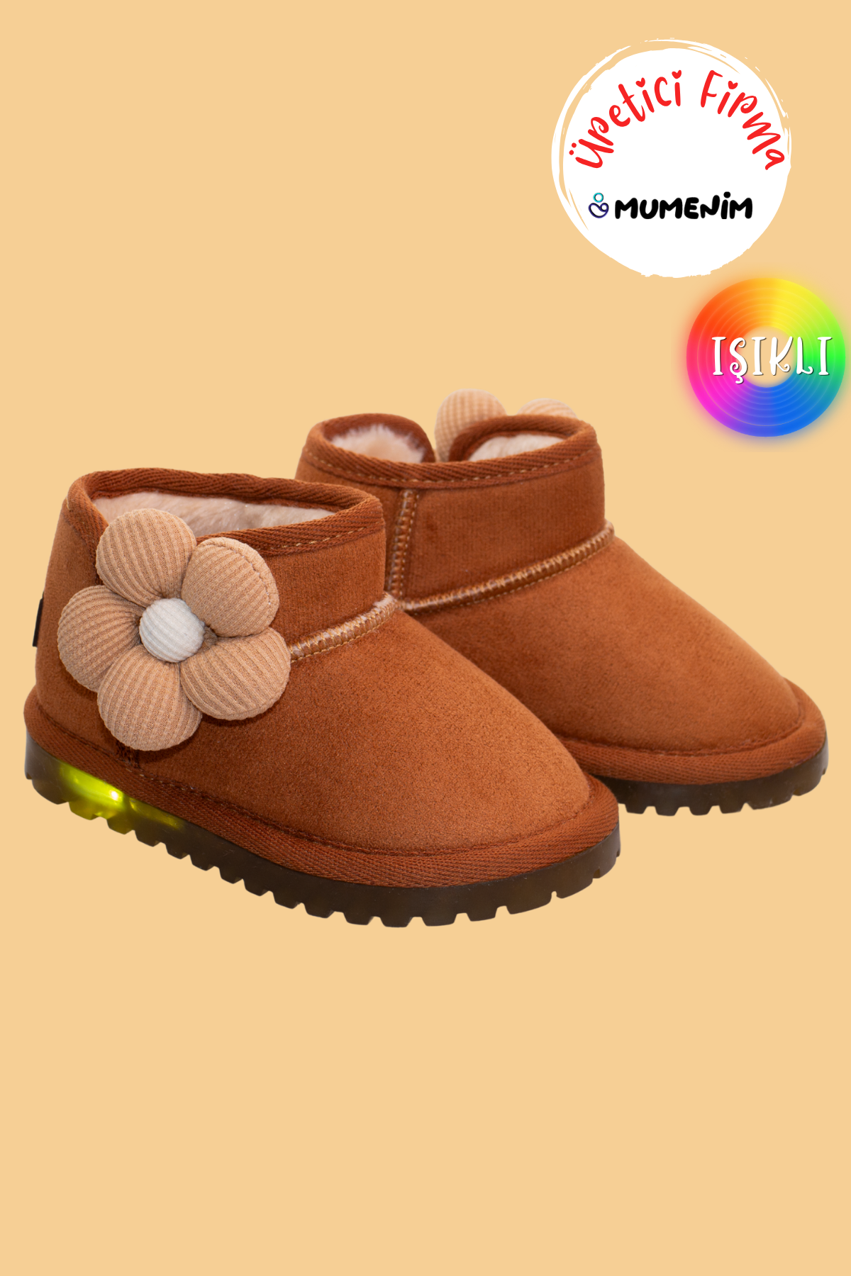 Minto Pro Light Işıklı Barefoot Kaymaz Taban İçi Kürklü Taba Süet Kışlık Kar Botu