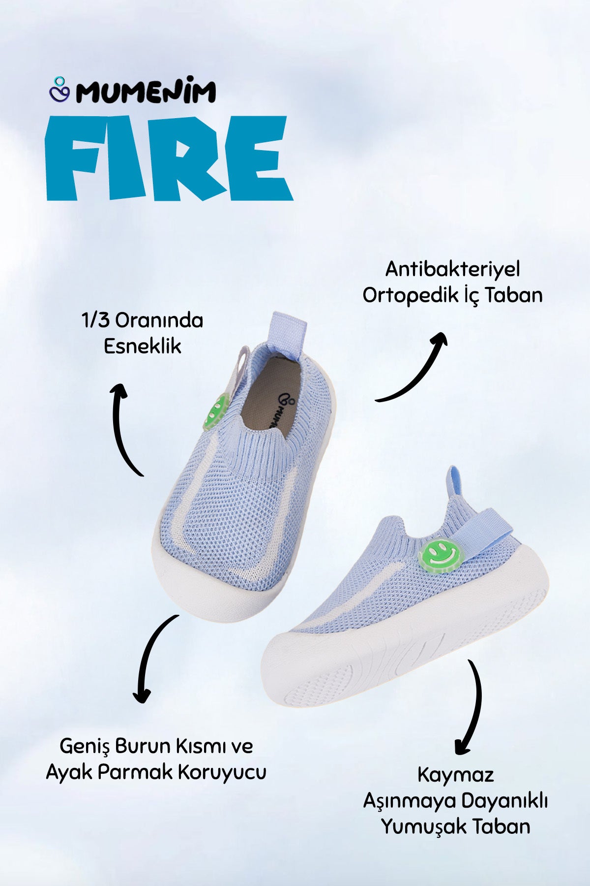 Fire Erkek/Kız Bebek&Çocuk Esnek, Rahat Kaymaz Ortopedik Taban Mavi İlk Adım Ayakkabısı/Sneaker