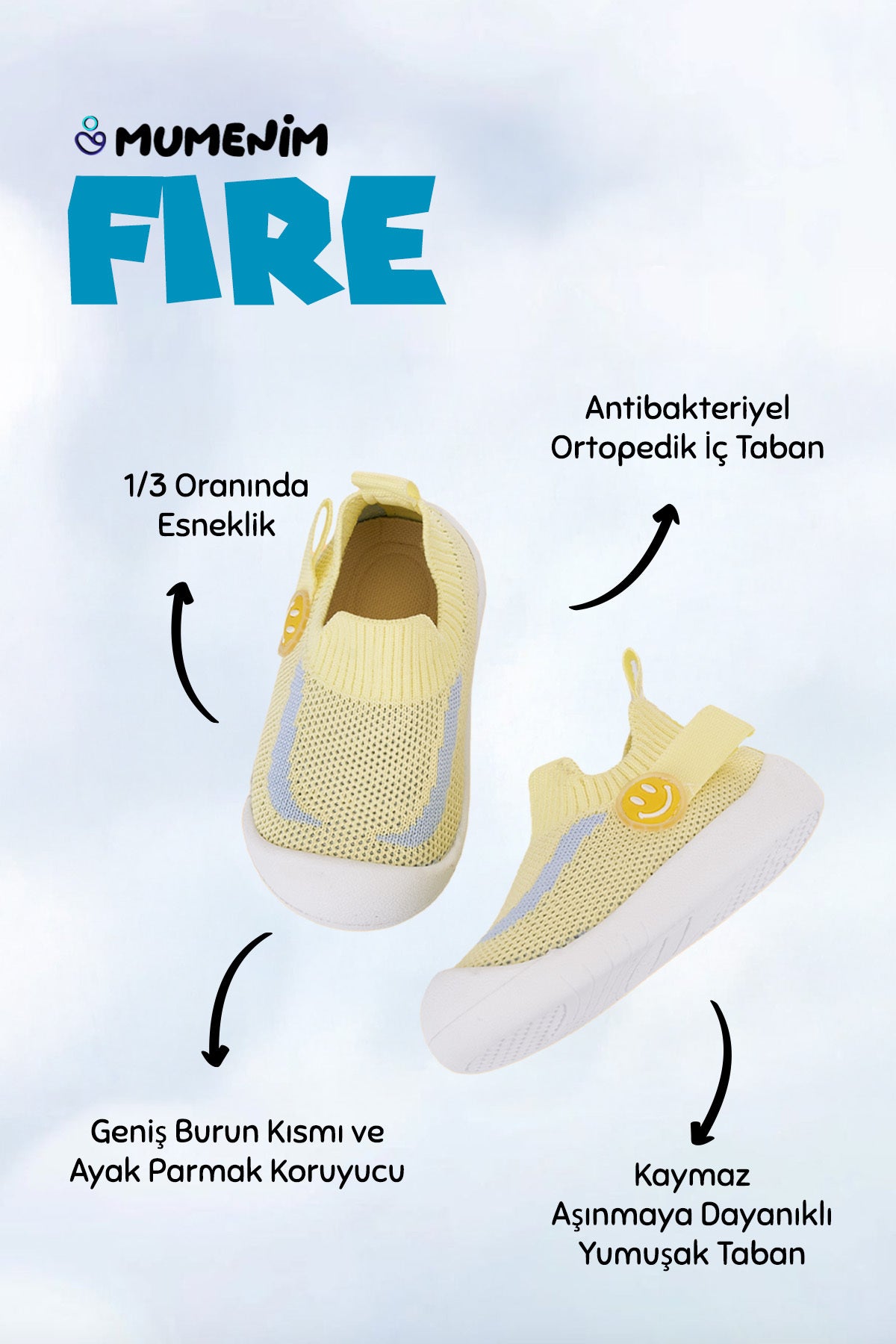 Fire Erkek/Kız Bebek&Çocuk Esnek, Rahat Kaymaz Ortopedik Taban Sarı İlk Adım Ayakkabısı/Sneaker