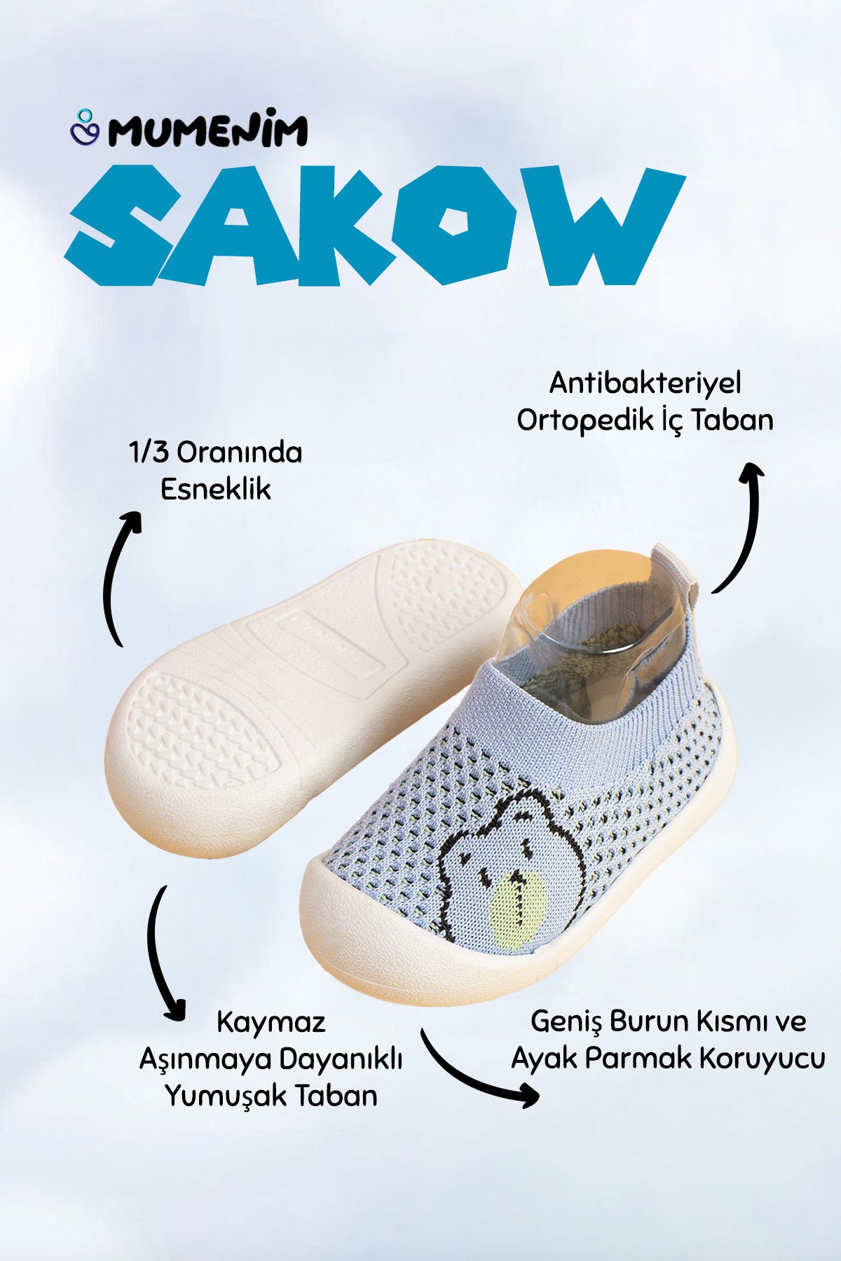 Sakow Çocuk Bebek Ortopedik Esnek, Rahat Hafif Kaymaz Taban Mavi Ilk Adım Spor Ayakkabı