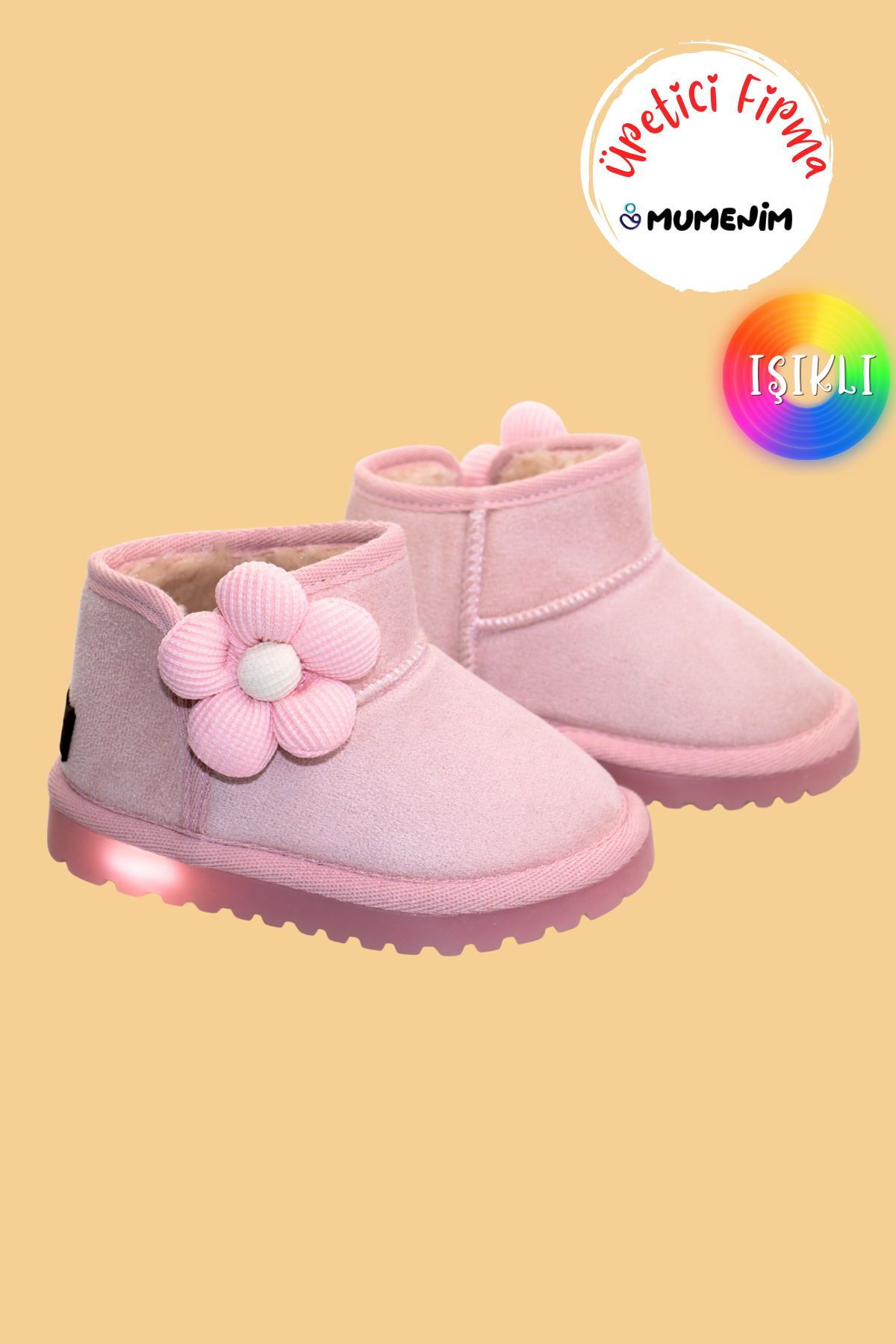 Minto Pro Light Işıklı Barefoot Kaymaz Taban İçi Kürklü Pembe Süet Kışlık Kar Botu
