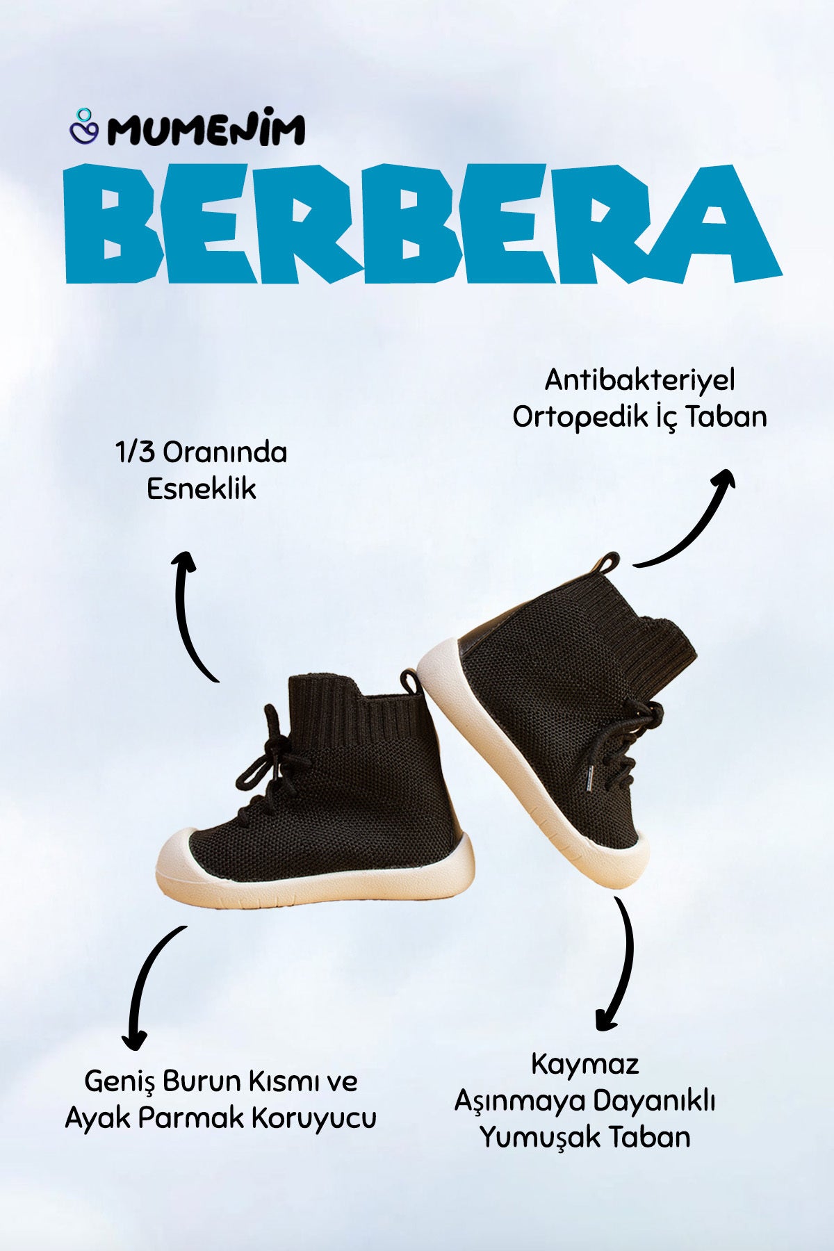 Berbera Unisex Çocuk Bebek Ayak Parmak Koruyucu Kaymaz Ortopedik Siyah Ilk Adım Botu Ve Çocuk Botu