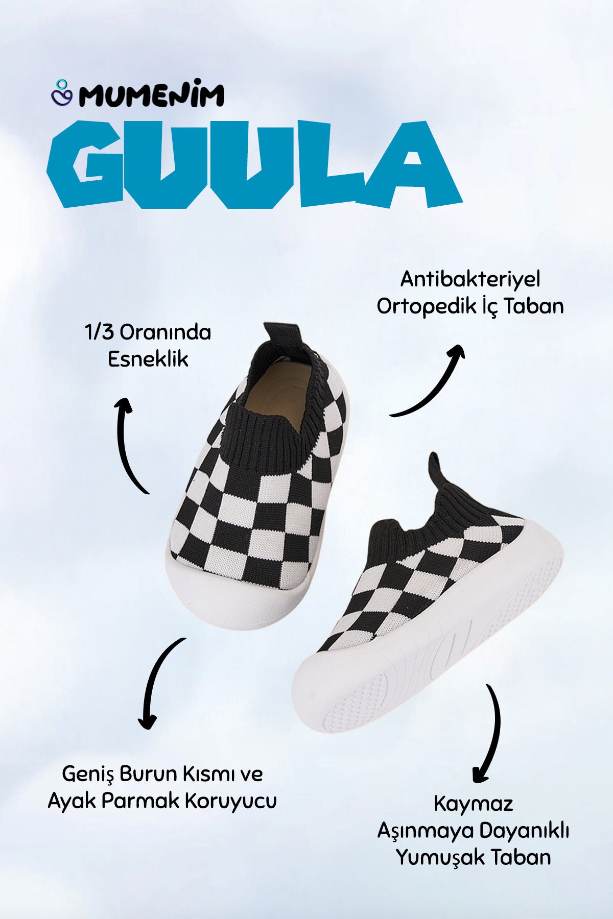Guula Taraftar Bebek Çocuk Siyah Beyaz Esnek, Kaymaz Ortopedik Taban Ilk Adım Spor Ayakkabı Sneaker