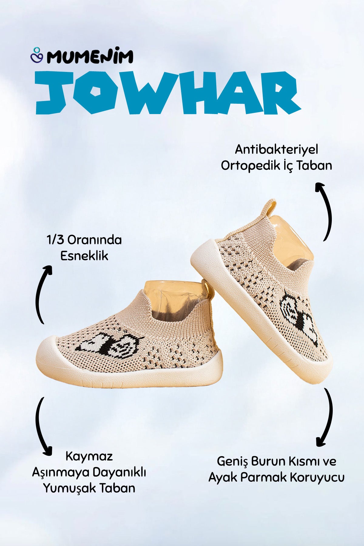 Jowhar Çocuk Bebek Esnek, Hafif Yumuşak Kaymaz Ortopedik Taban Bej İlk Adım Spor Ayakkabı