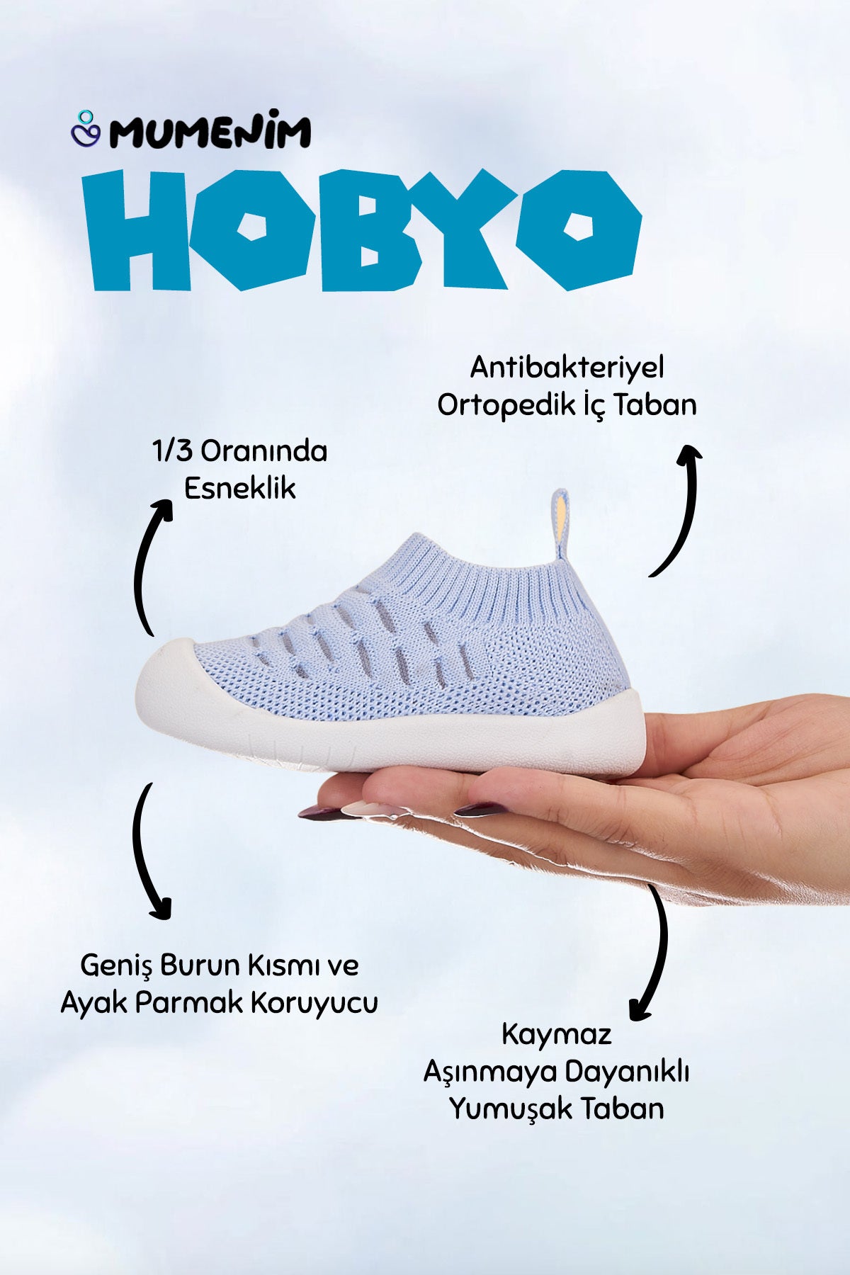 Hobyo Unisex Bebek&Çocuk Ortopedik Taban Mavi İlk Adım Ayakkabısı&Sneaker&Günlük Spor Ayakkabı