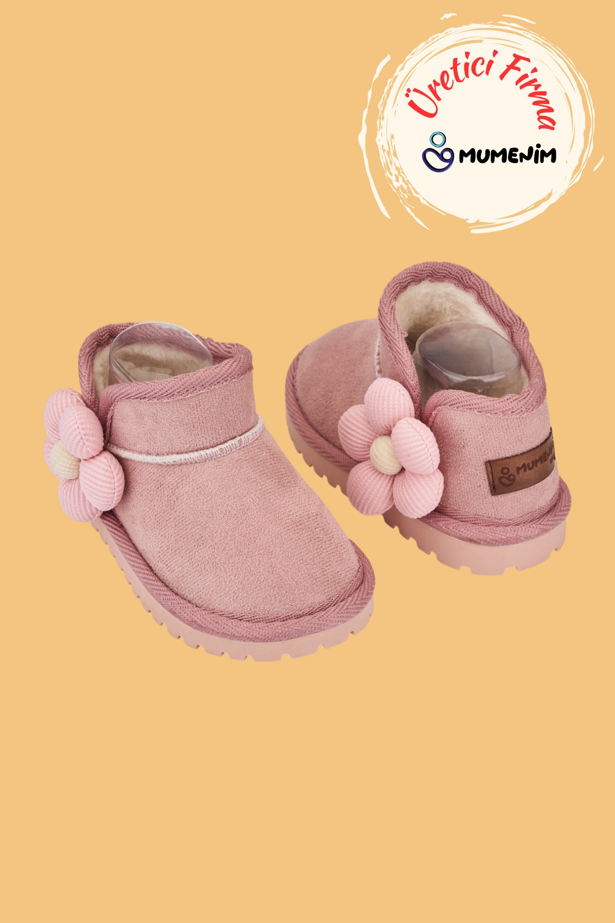 Minto Kız Çocuk ve Bebek Pembe Bot - Süet Ortopedik Kaymaz Taban Kışlık Kar Botu Kürklü Çiçek Figür