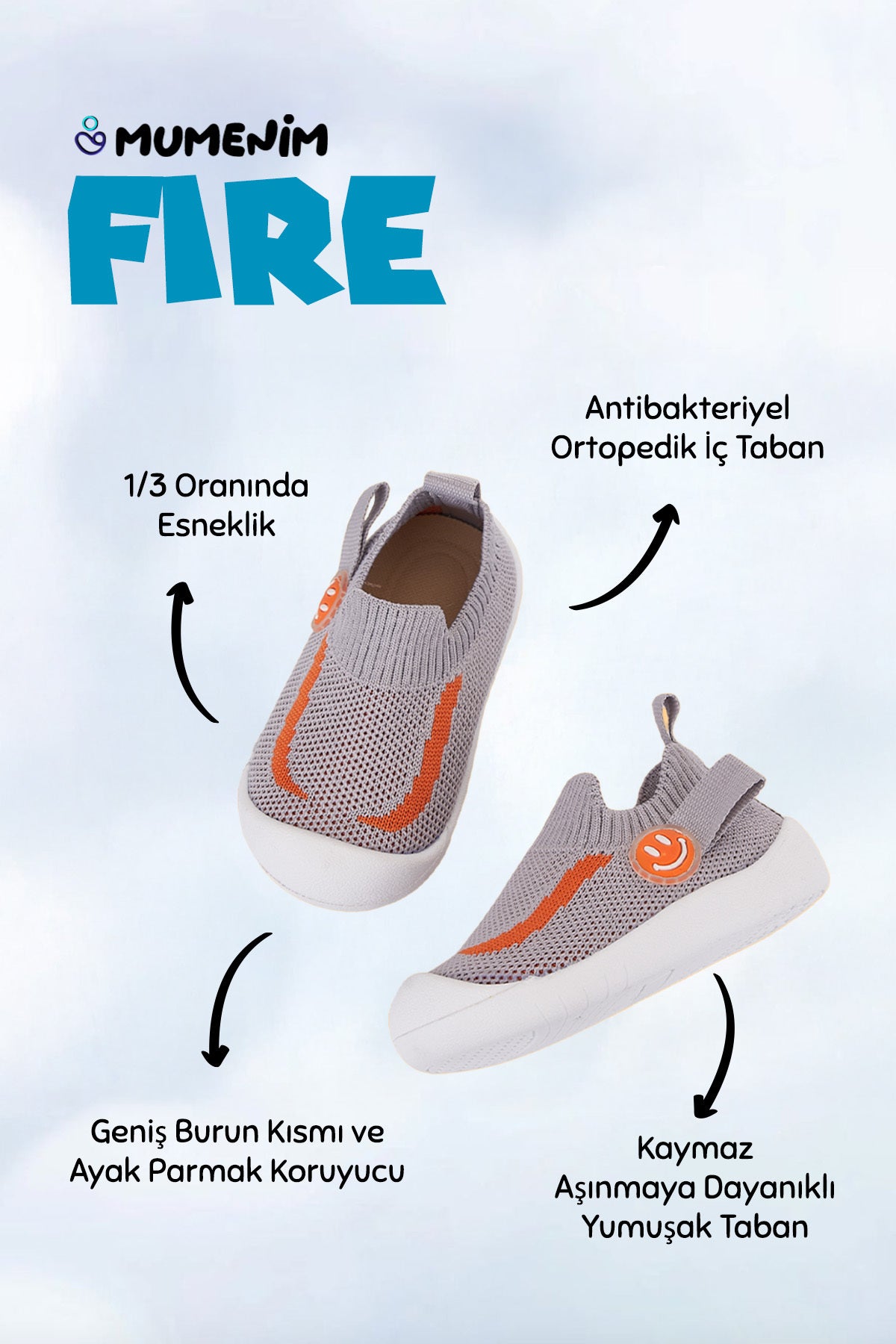 Fire Erkek/Kız Bebek&Çocuk Esnek, Rahat Kaymaz Ortopedik Taban Gri İlk Adım Ayakkabısı/Sneaker