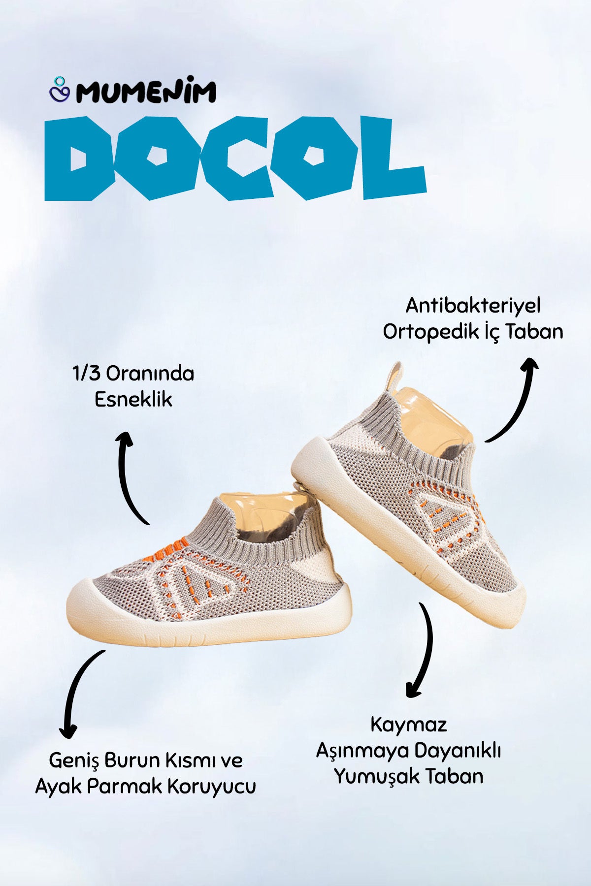 Docol Çocuk Bebek Esnek, Rahat Ortopedik Taban Günlük Gri Ilk Adım Ayakkabısı Ve Çocuk Sneaker