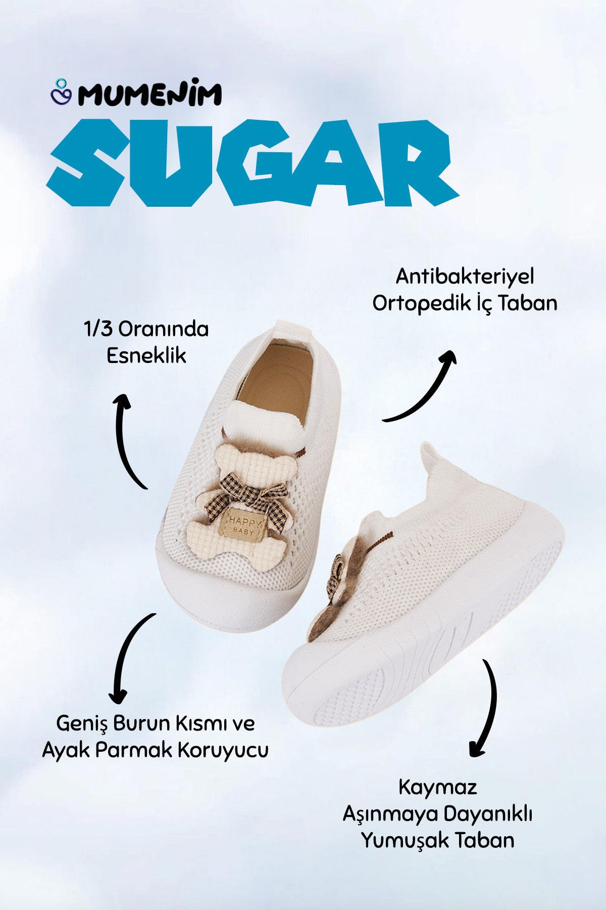 Sugar Bebek Ayıcık Figürlü Bağcıksız Esnek, Rahat Ortopedik Taban Siyah Ilk Adım Ayakkabısı